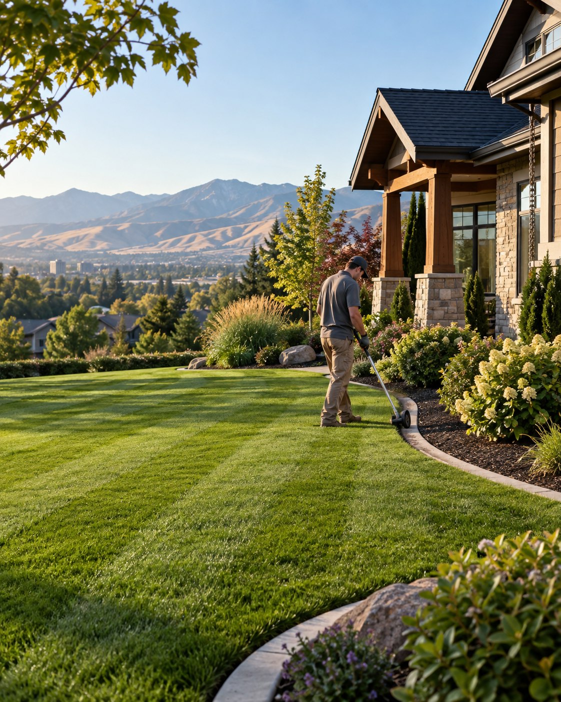 Lawn-care professional finishing a crisp garden edge at a Boise home