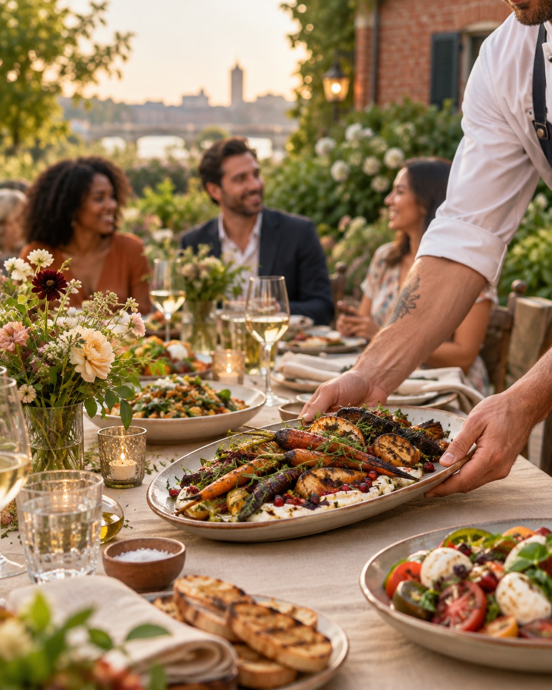 Caterer placing a seasonal shared platter on a garden reception table